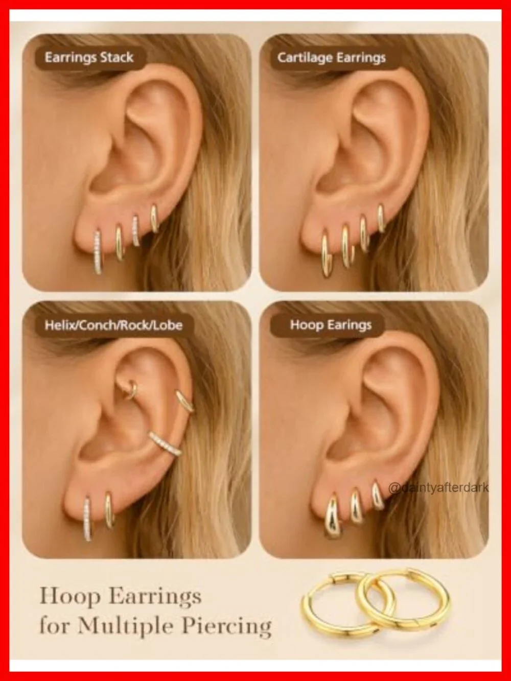 14K Gold Plated Stainless Steel Hoop Earring Set for Women & Girls 6 Sizes
